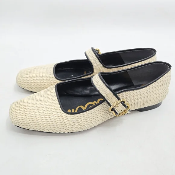 Sam Edelman Michaela Raffia Square Toe Ballet Flats Linen Ivory - Picture 6 of 13